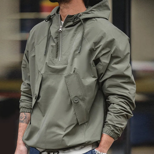 M43 Parka Dark Green Deck Coat, hooded jacket, men's outdoor wear, solid color, zipper closure.